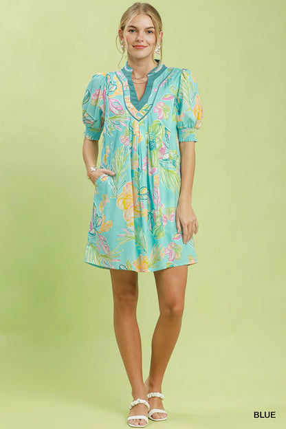 umgee botanical print Umgee Botanical Print Dress with Smocked Cuffs view 5 (dress) - shop at us.meeeshop
