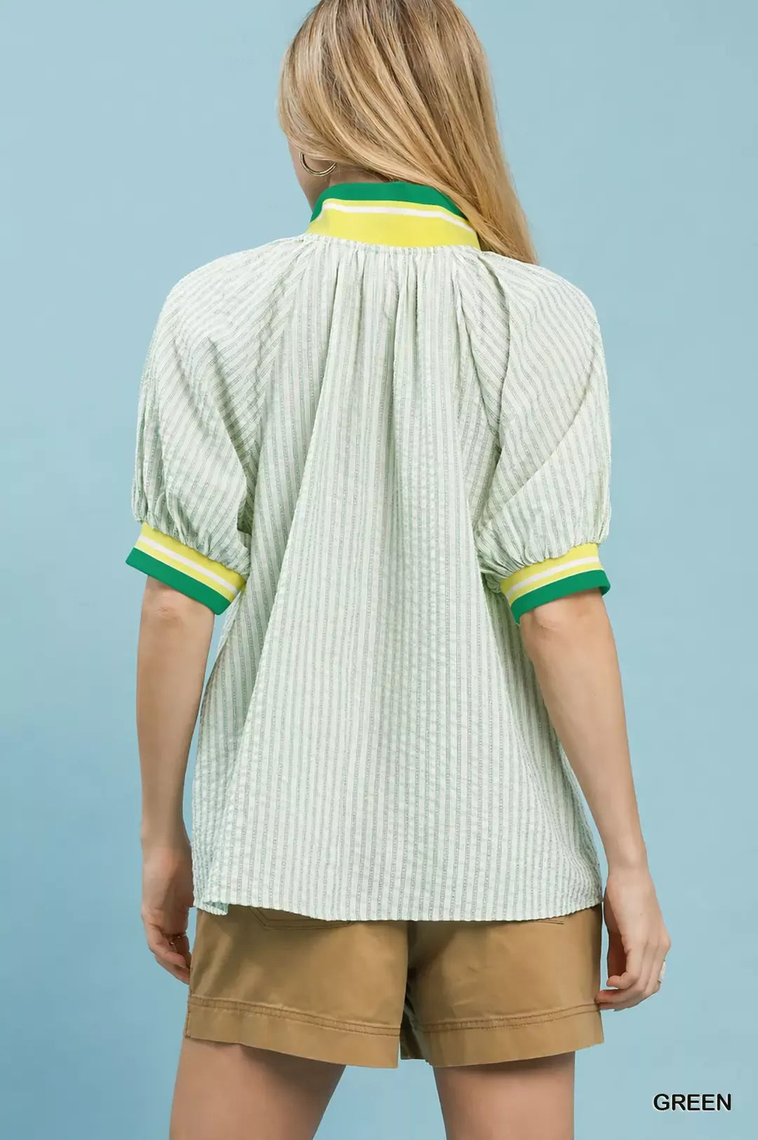 umgee botanical print Umgee Botanical Print Puff Short Sleeve Blouse with Contrast Collar view 3 (top) - shop at us.meeeshop