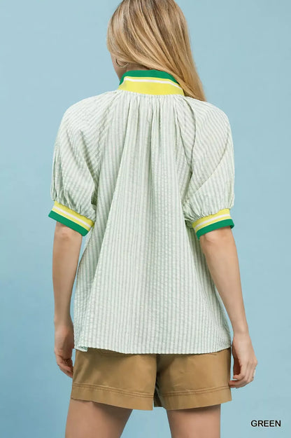 umgee botanical print Umgee Botanical Print Puff Short Sleeve Blouse with Contrast Collar view 3 (top) - shop at us.meeeshop