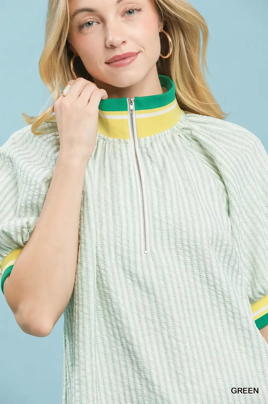 umgee botanical print Umgee Botanical Print Puff Short Sleeve Blouse with Contrast Collar view 4 (top) - shop at us.meeeshop