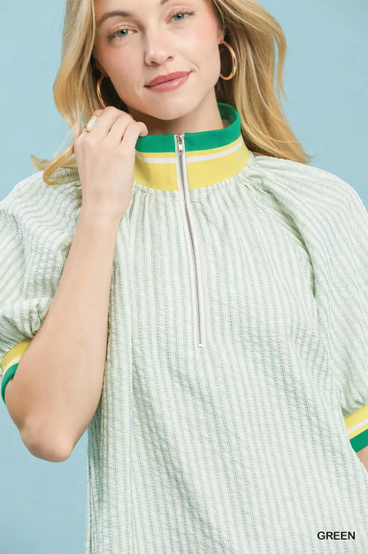 umgee botanical print Umgee Botanical Print Puff Short Sleeve Blouse with Contrast Collar view 4 (top) - shop at us.meeeshop