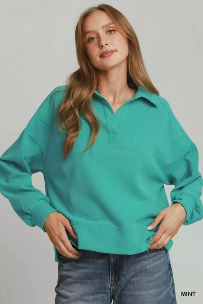 umgee brushed waffle Umgee Brushed Waffle Polo Collared Pullover MINT (layer) - shop at us.meeeshop