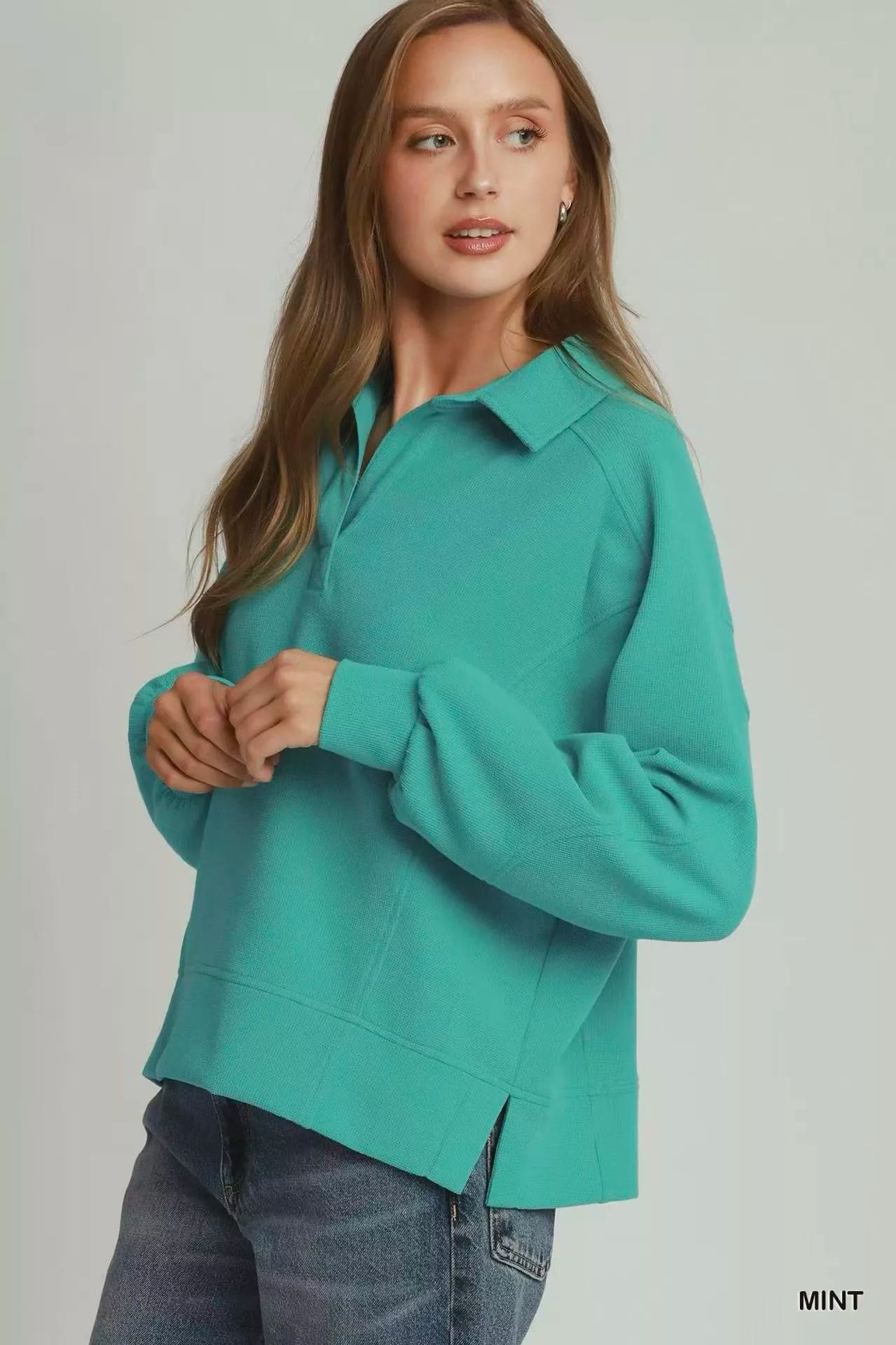 umgee brushed waffle Umgee Brushed Waffle Polo Collared Pullover view 2 (layer) - shop at us.meeeshop