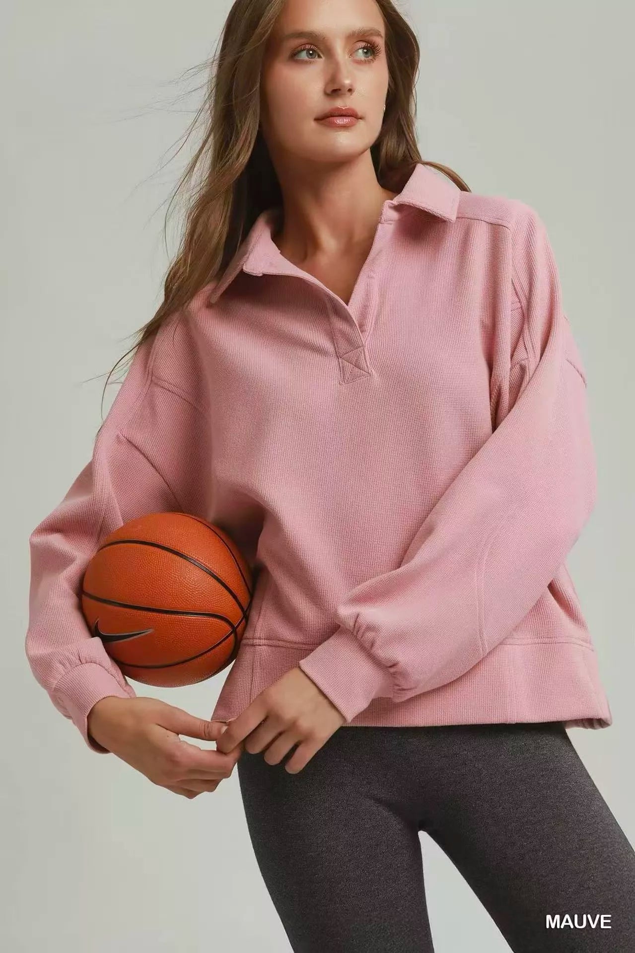 umgee brushed waffle Umgee Brushed Waffle Polo Collared Pullover view 2 (layer) - shop at us.meeeshop