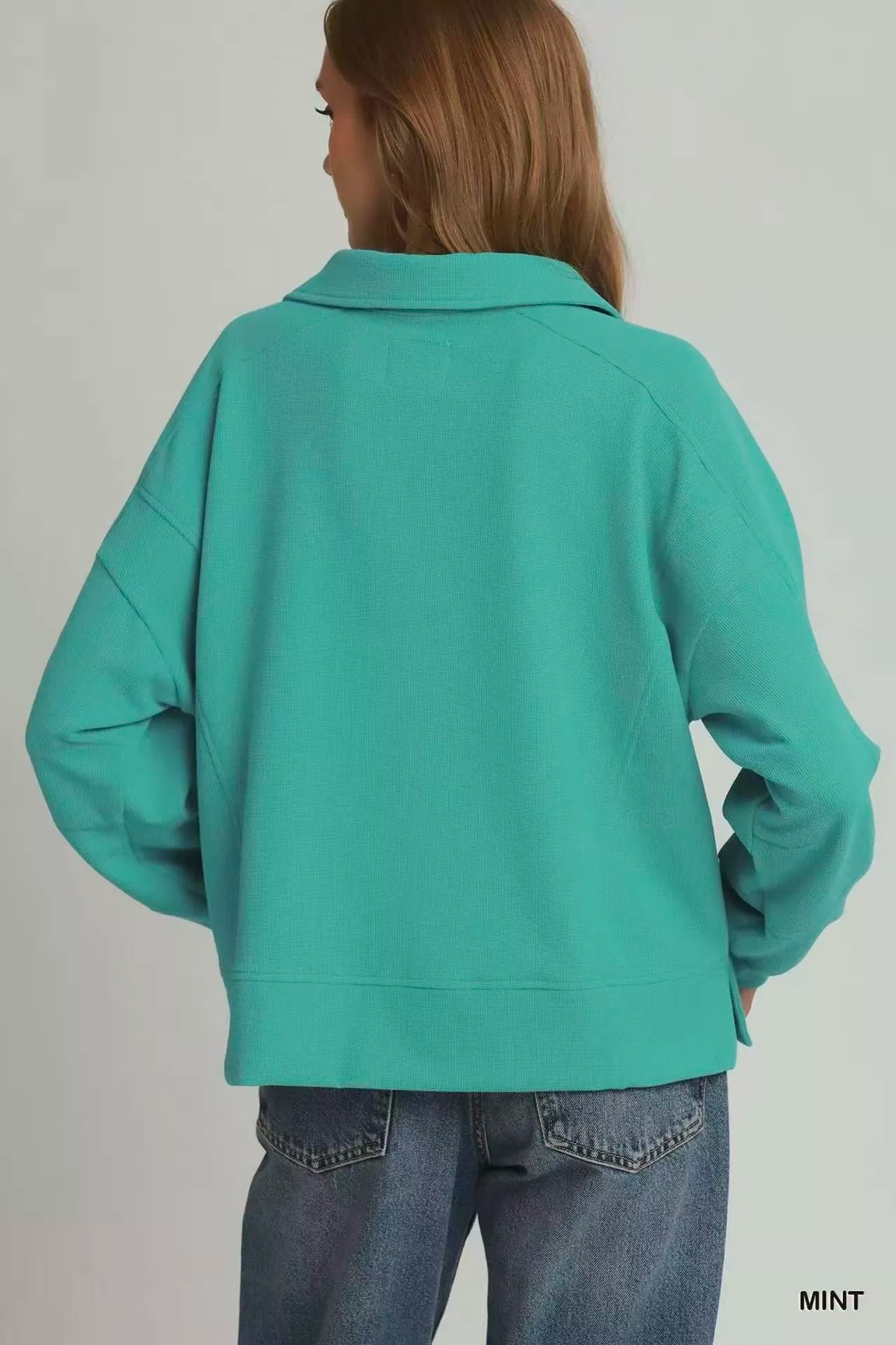 umgee brushed waffle Umgee Brushed Waffle Polo Collared Pullover view 3 (layer) - shop at us.meeeshop