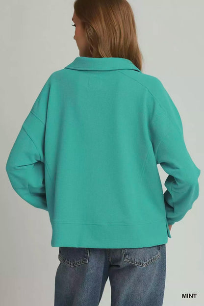 umgee brushed waffle Umgee Brushed Waffle Polo Collared Pullover view 3 (layer) - shop at us.meeeshop