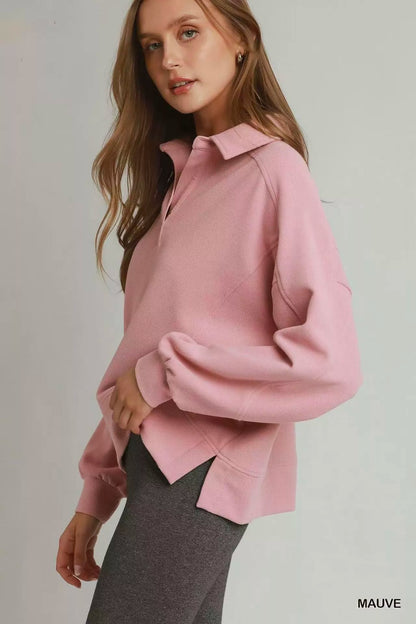 umgee brushed waffle Umgee Brushed Waffle Polo Collared Pullover view 3 (layer) - shop at us.meeeshop