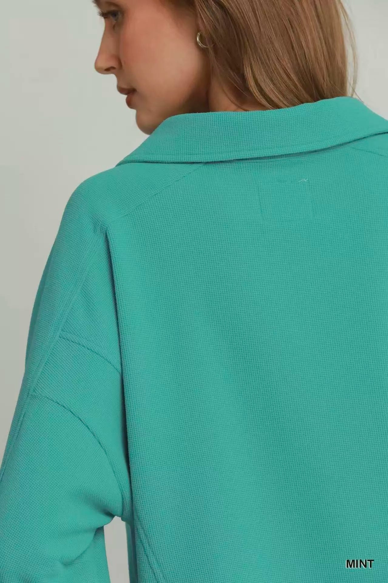 umgee brushed waffle Umgee Brushed Waffle Polo Collared Pullover view 4 (layer) - shop at us.meeeshop
