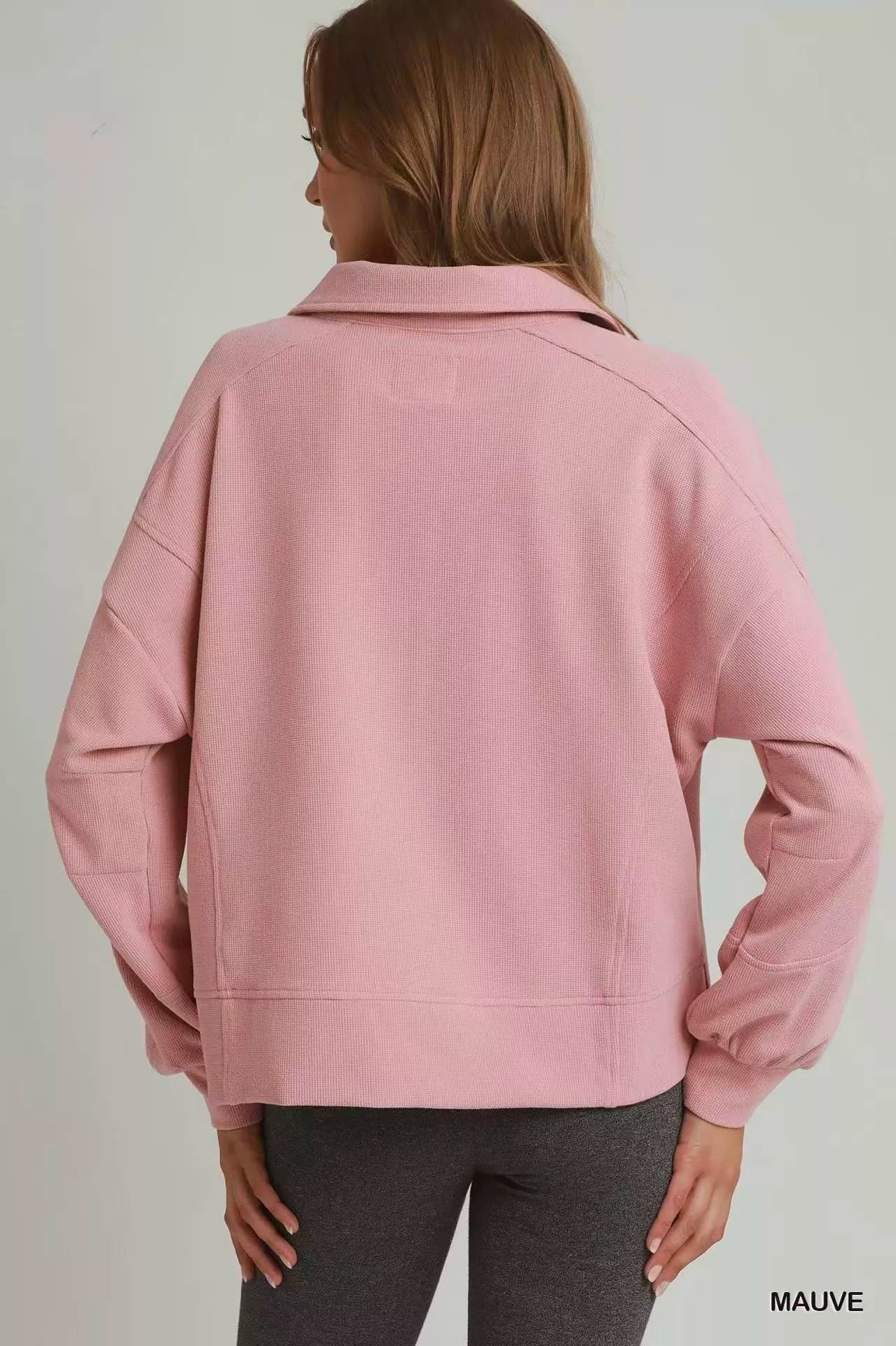umgee brushed waffle Umgee Brushed Waffle Polo Collared Pullover view 4 (layer) - shop at us.meeeshop