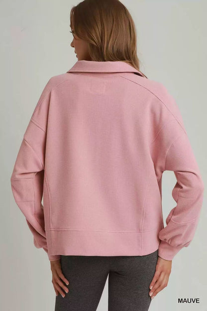 umgee brushed waffle Umgee Brushed Waffle Polo Collared Pullover view 4 (layer) - shop at us.meeeshop