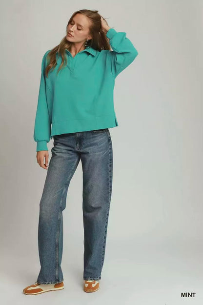 umgee brushed waffle Umgee Brushed Waffle Polo Collared Pullover view 5 (layer) - shop at us.meeeshop