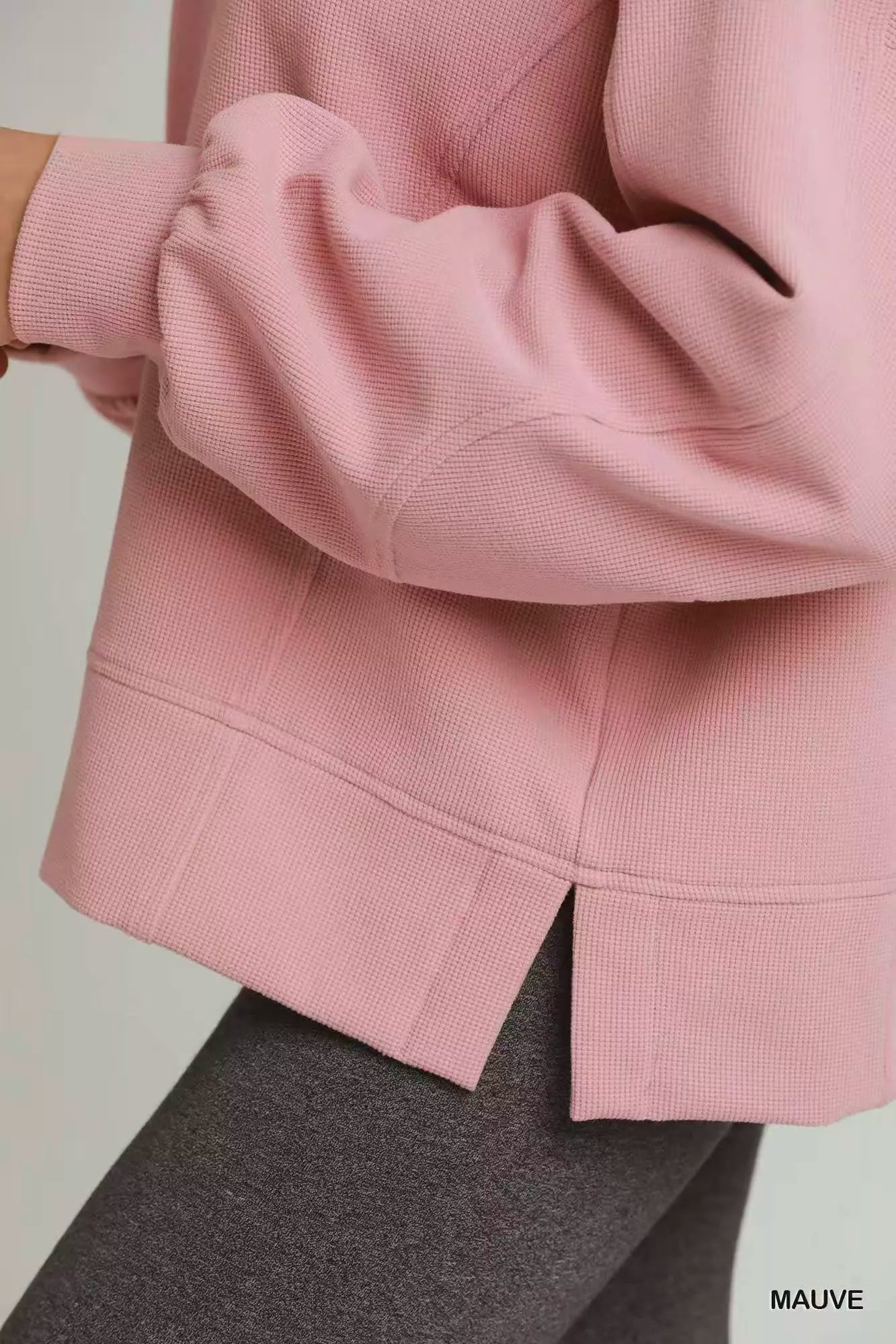 umgee brushed waffle Umgee Brushed Waffle Polo Collared Pullover view 5 (layer) - shop at us.meeeshop