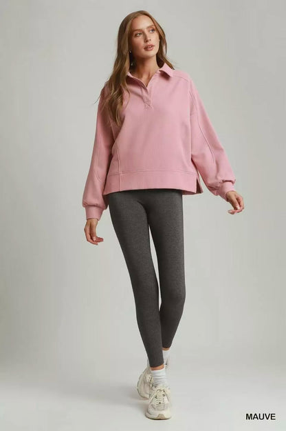 umgee brushed waffle Umgee Brushed Waffle Polo Collared Pullover view 6 (layer) - shop at us.meeeshop