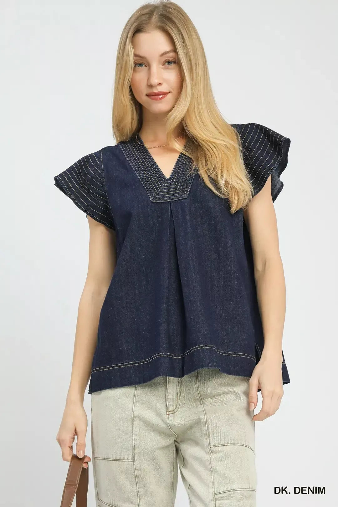 umgee cap sleeve Umgee Cap Sleeve Denim Top DK. DENIM (top) - shop at us.meeeshop