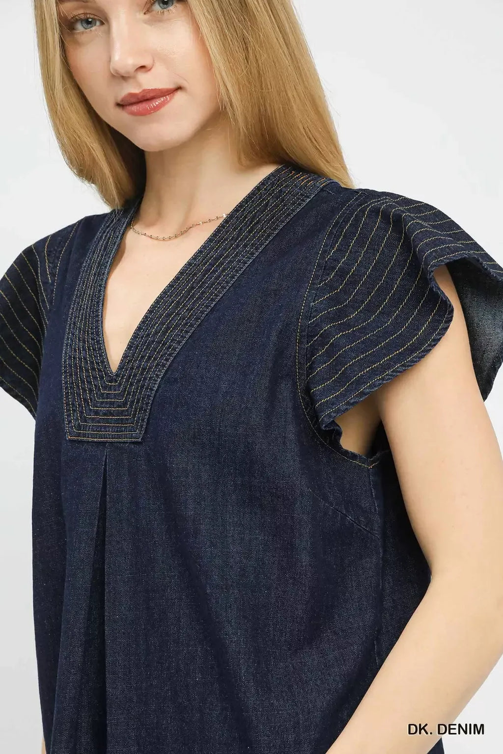 Umgee Cap Sleeve Denim Top view 4 (top) - denim top, cap denim top - shop at us.meeeshop