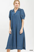 Umgee Chambray Collared Puff Sleeve Dress DENIM (dress) - what is a chambray dress, chambray dress outf - shop at us.meeeshop