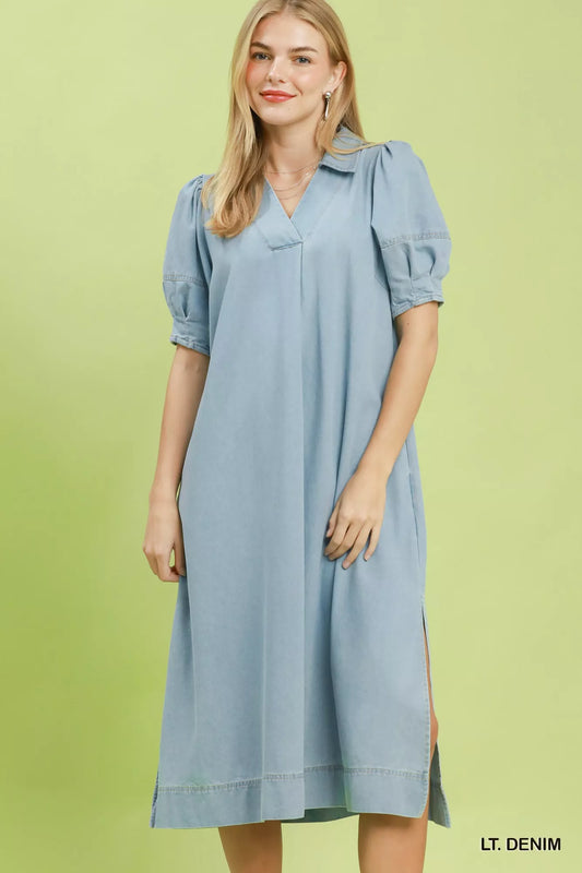 umgee chambray collared Umgee Chambray Collared Puff Sleeve Dress LT. DENIM (dress) - shop at us.meeeshop