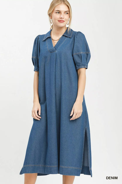 umgee chambray collared Umgee Chambray Collared Puff Sleeve Dress DENIM (dress) - shop at us.meeeshop