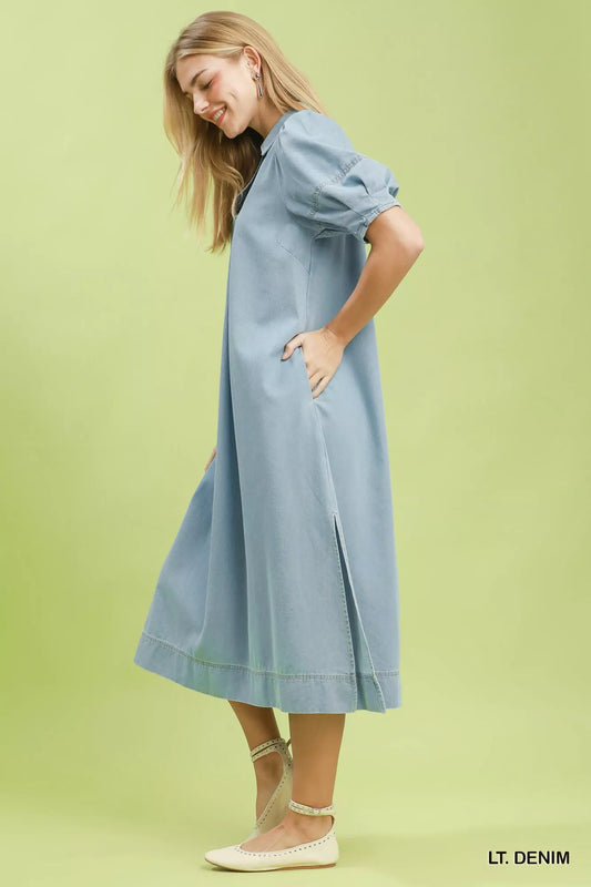 umgee chambray collared Umgee Chambray Collared Puff Sleeve Dress view 2 (dress) - shop at us.meeeshop