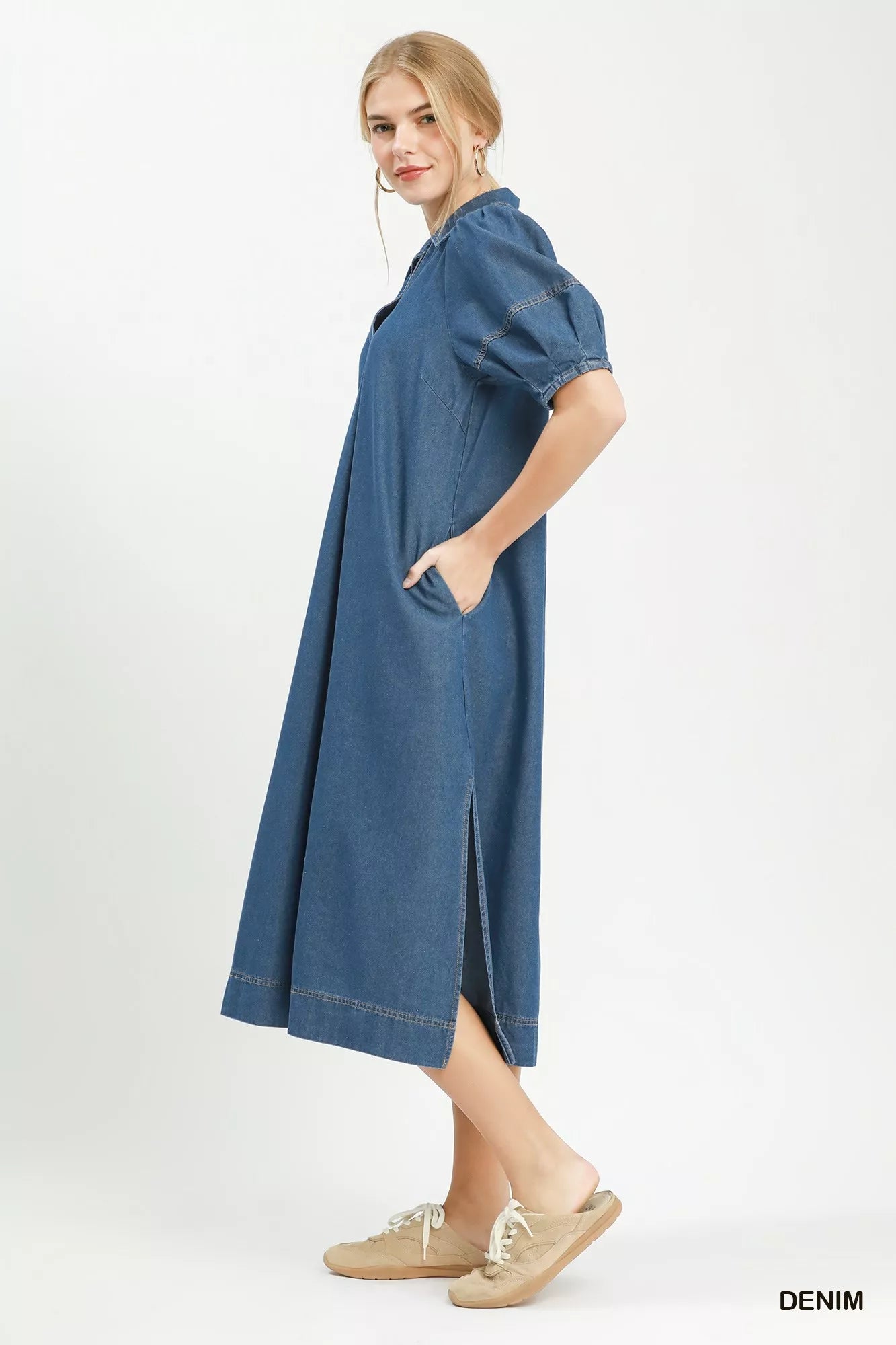 umgee chambray collared Umgee Chambray Collared Puff Sleeve Dress view 2 (dress) - shop at us.meeeshop