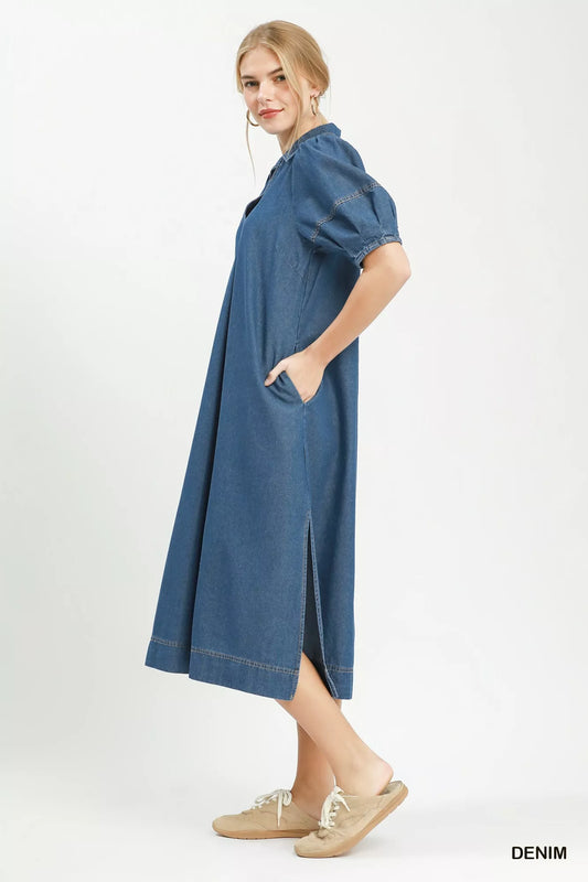 umgee chambray collared Umgee Chambray Collared Puff Sleeve Dress view 2 (dress) - shop at us.meeeshop