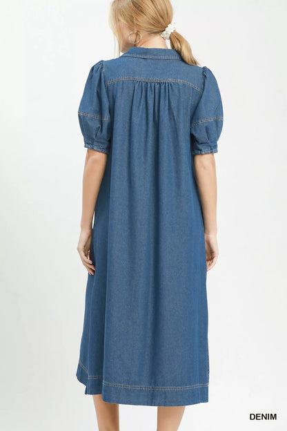 umgee chambray collared Umgee Chambray Collared Puff Sleeve Dress view 3 (dress) - shop at us.meeeshop