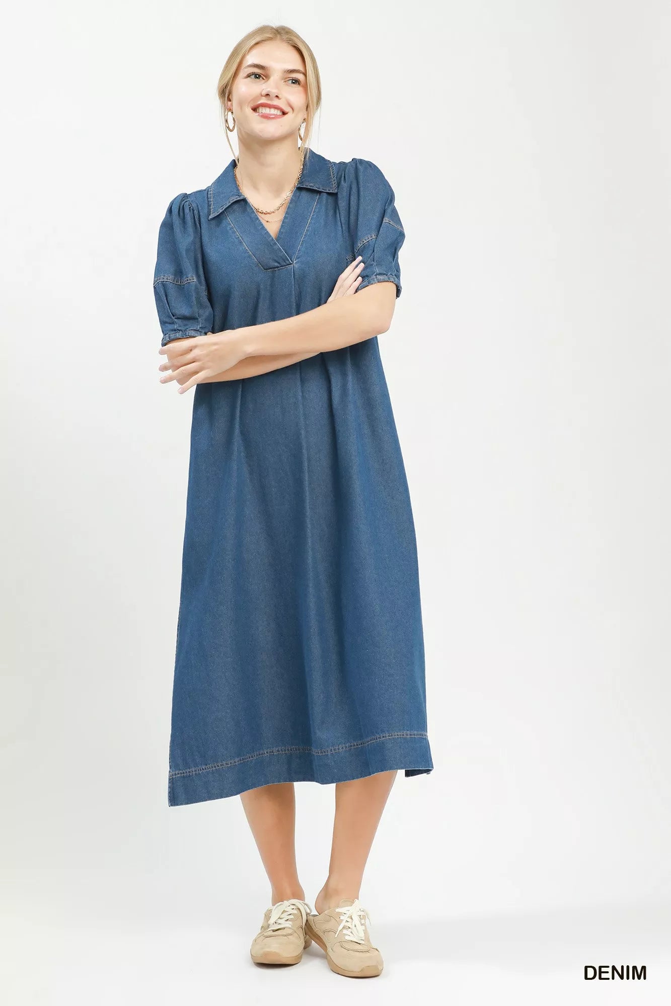 umgee chambray collared Umgee Chambray Collared Puff Sleeve Dress view 4 (dress) - shop at us.meeeshop