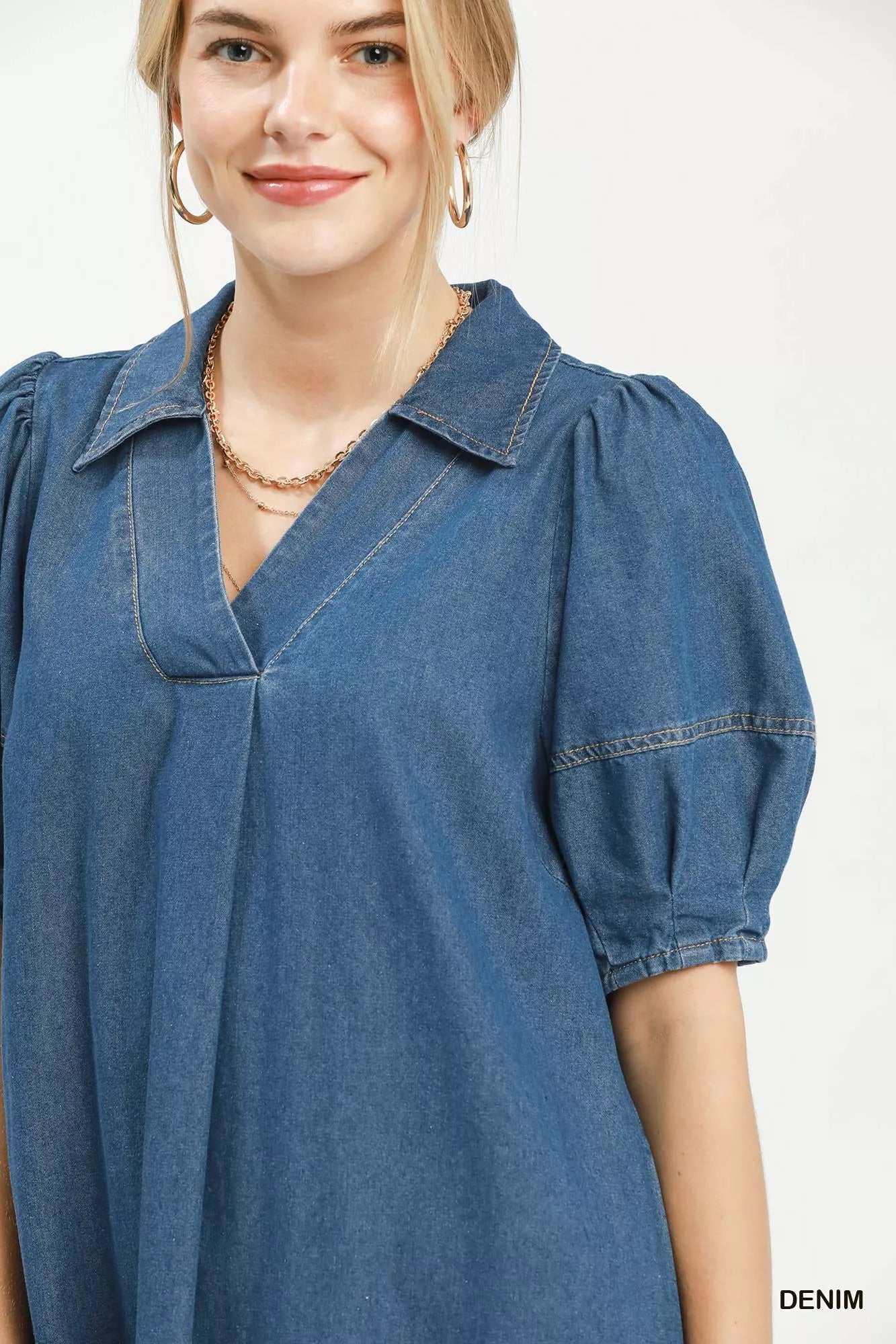 umgee chambray collared Umgee Chambray Collared Puff Sleeve Dress view 5 (dress) - shop at us.meeeshop