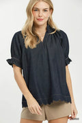 Umgee Chambray Puff Sleeve Scallop Hem Blouse INDIGO (top) - umgee chambray dress, umgee blouses and to - shop at us.meeeshop
