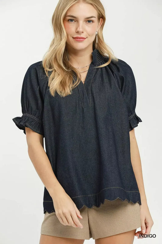 umgee chambray puff Umgee Chambray Puff Sleeve Scallop Hem Blouse INDIGO (top) - shop at us.meeeshop