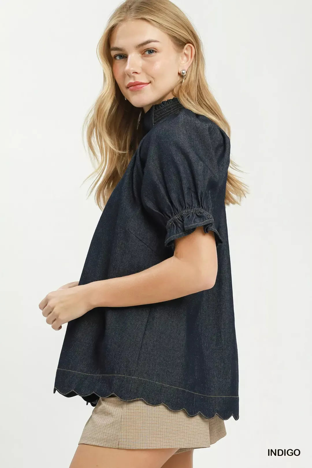 Umgee Chambray Puff Sleeve Scallop Hem Blouse INDIGO view 2 (top) - umgee chambray dress, umgee blouses - shop at us.meeeshop