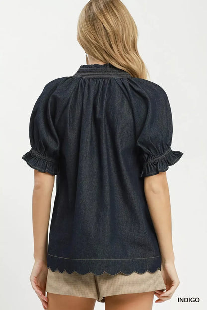 umgee chambray puff Umgee Chambray Puff Sleeve Scallop Hem Blouse view 3 (top) - shop at us.meeeshop