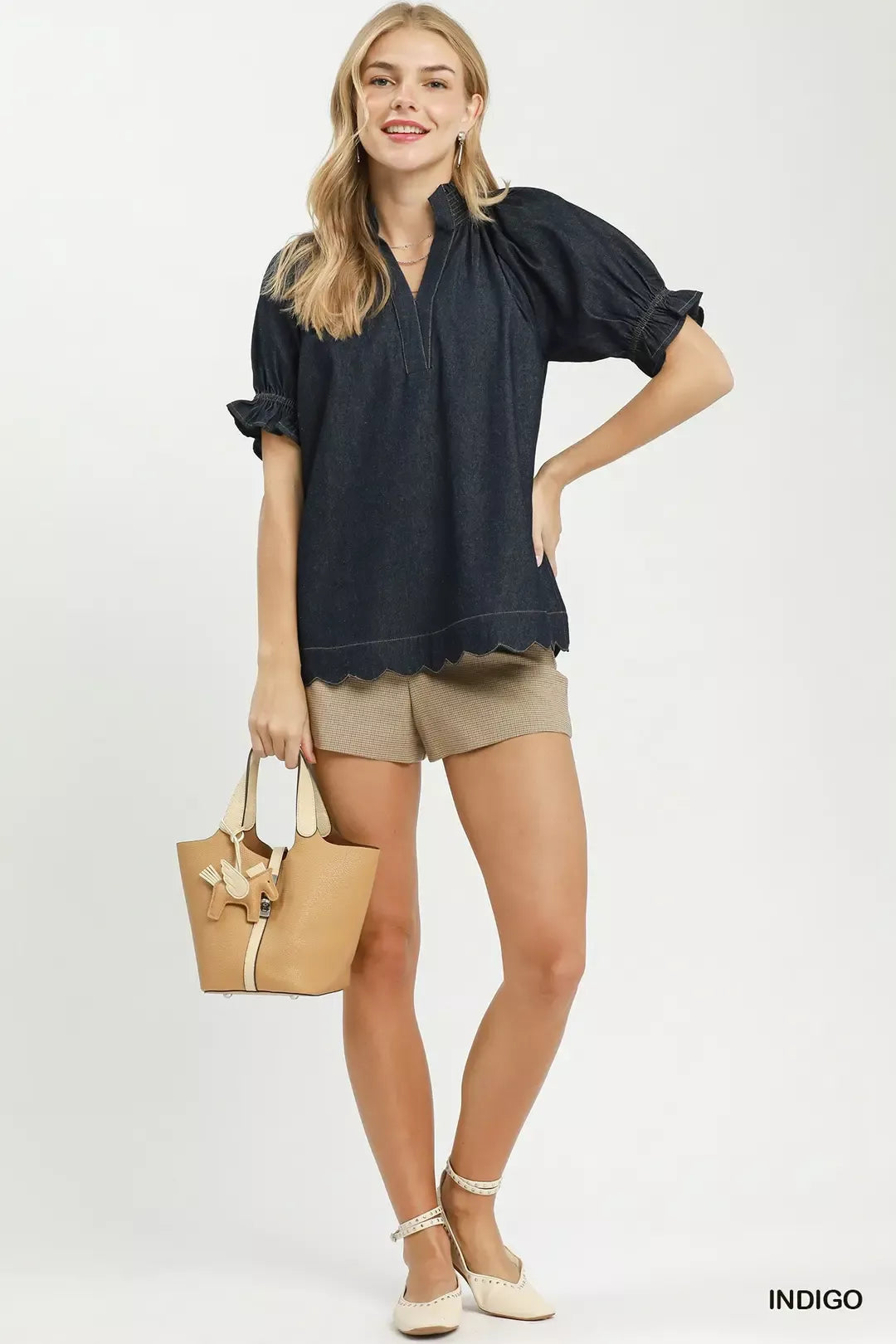 umgee chambray puff Umgee Chambray Puff Sleeve Scallop Hem Blouse view 5 (top) - shop at us.meeeshop