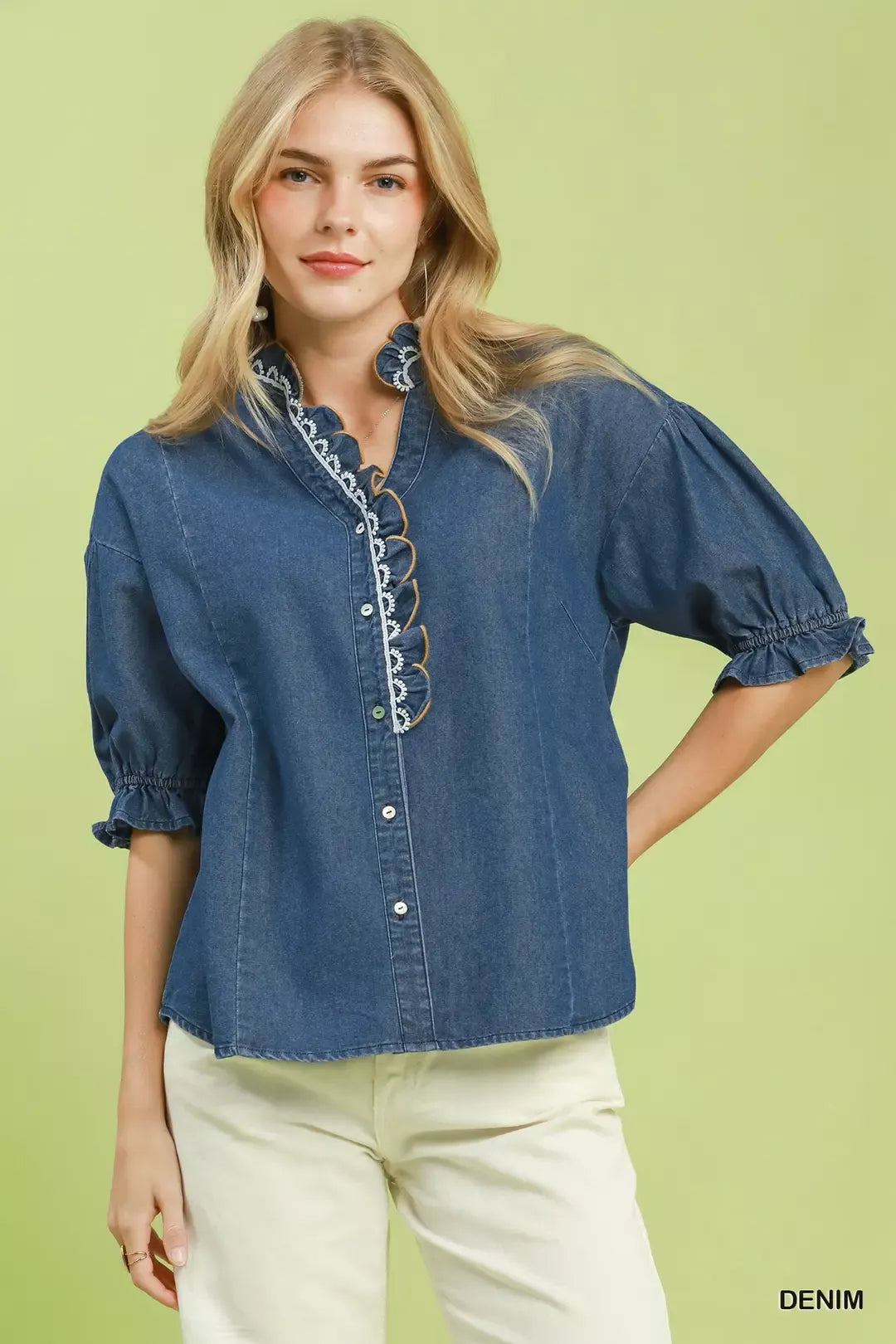 Umgee Chambray Scalloped Trim Button Front Blouse DENIM (top) - umgee chambray dress, umgee blouses and - shop at us.meeeshop