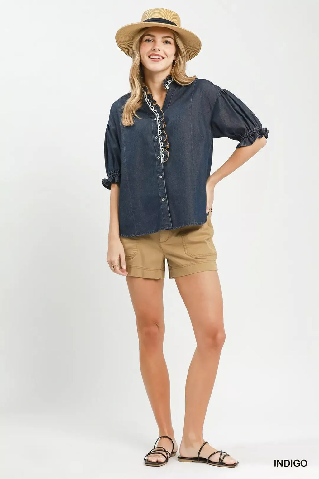 Umgee Chambray Scalloped Trim Button Front Blouse view 5 (top) - umgee chambray dress, umgee blouses an - shop at us.meeeshop