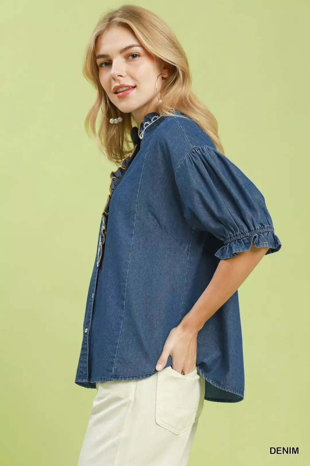 umgee chambray scalloped Umgee Chambray Scalloped Trim Button Front Blouse view 2 (top) - shop at us.meeeshop
