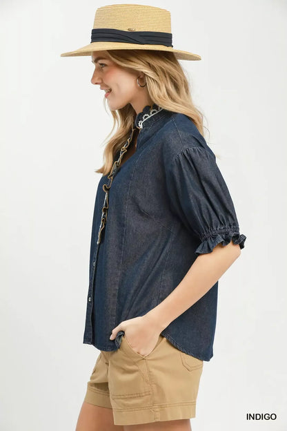 umgee chambray scalloped Umgee Chambray Scalloped Trim Button Front Blouse view 2 (top) - shop at us.meeeshop