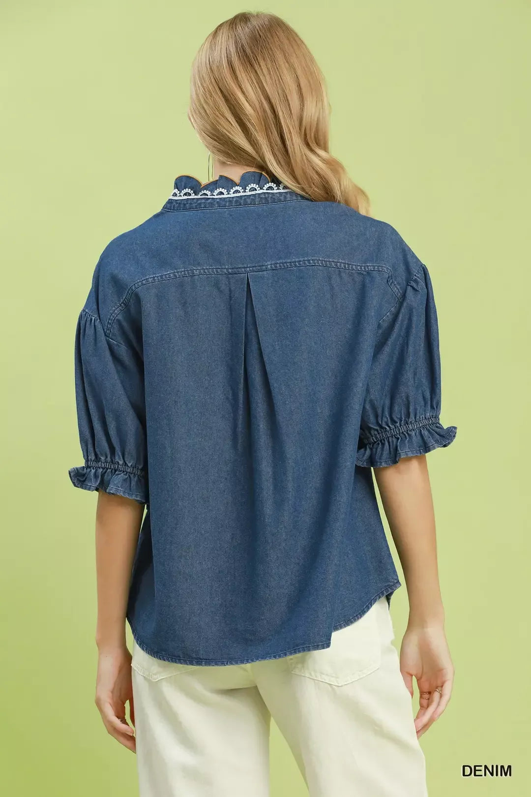 umgee chambray scalloped Umgee Chambray Scalloped Trim Button Front Blouse view 3 (top) - shop at us.meeeshop