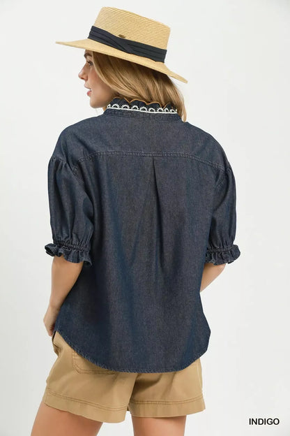 umgee chambray scalloped Umgee Chambray Scalloped Trim Button Front Blouse view 3 (top) - shop at us.meeeshop