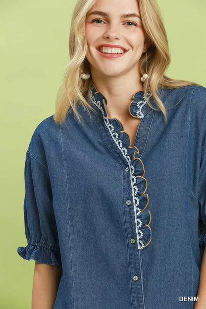 umgee chambray scalloped Umgee Chambray Scalloped Trim Button Front Blouse view 4 (top) - shop at us.meeeshop