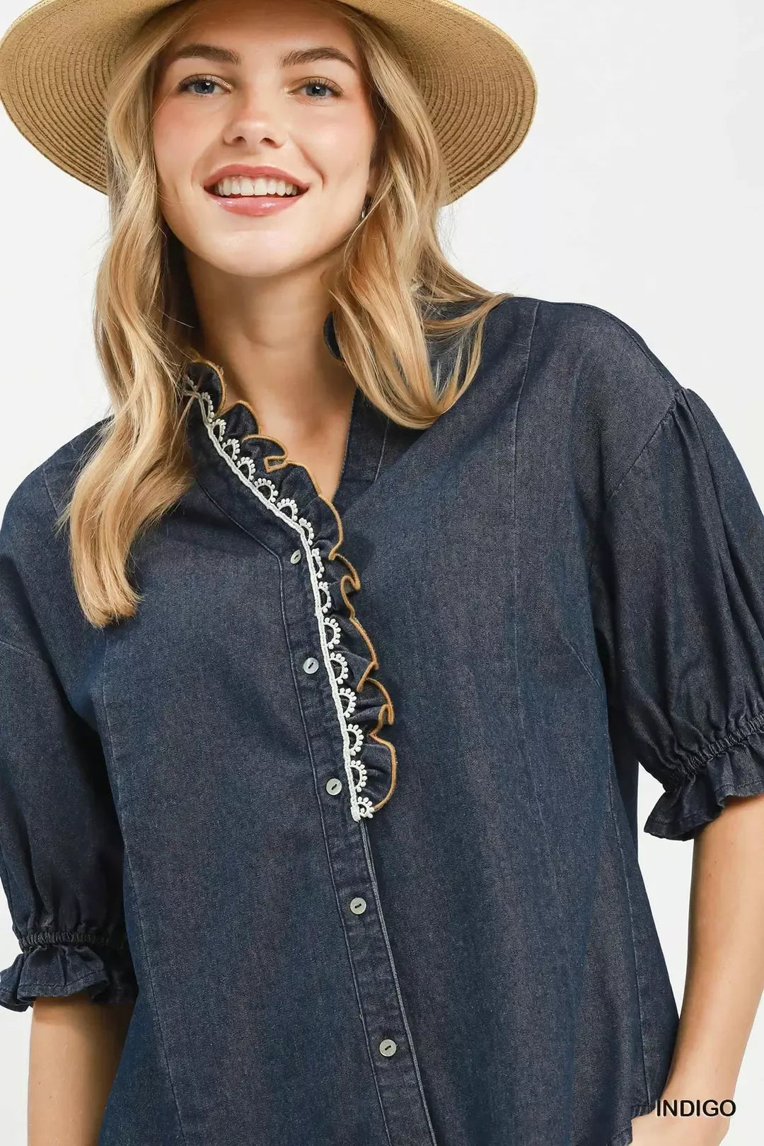 umgee chambray scalloped Umgee Chambray Scalloped Trim Button Front Blouse view 4 (top) - shop at us.meeeshop