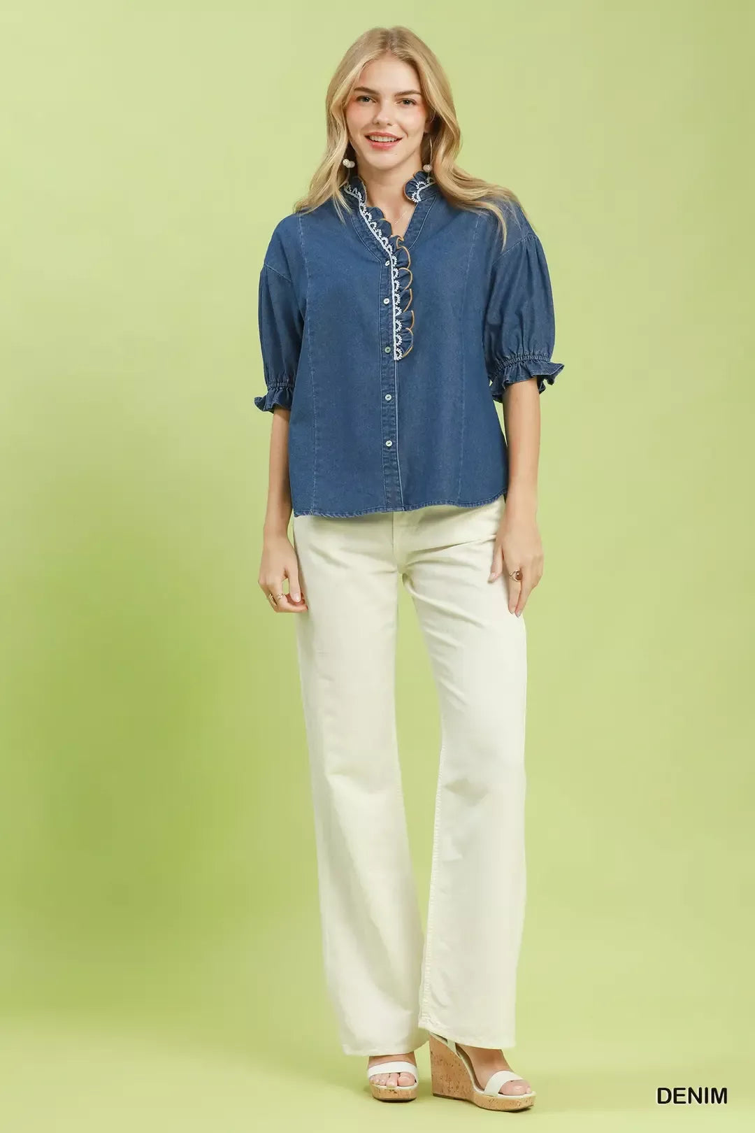 umgee chambray scalloped Umgee Chambray Scalloped Trim Button Front Blouse view 5 (top) - shop at us.meeeshop