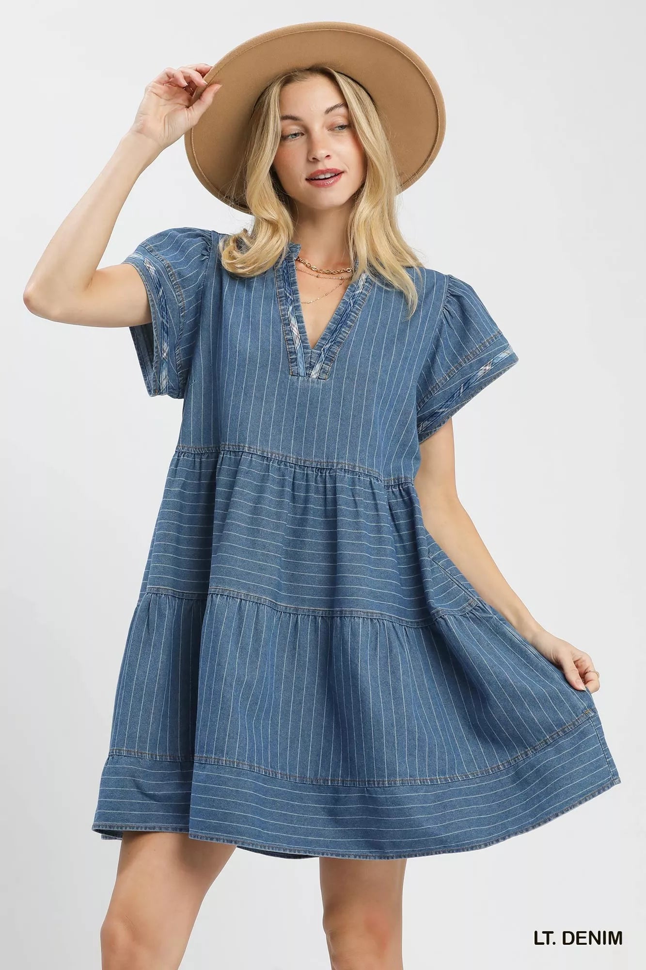 umgee chambray tiered Umgee Chambray Tiered Babydoll Dress LT. DENIM (dress) - shop at us.meeeshop