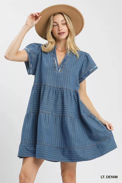 umgee chambray tiered Umgee Chambray Tiered Babydoll Dress LT. DENIM (dress) - shop at us.meeeshop