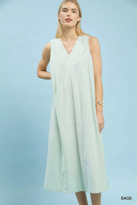 umgee chevron stripe Umgee Chevron Stripe Sleeveless Midi Dress SAGE (dress) - shop at us.meeeshop