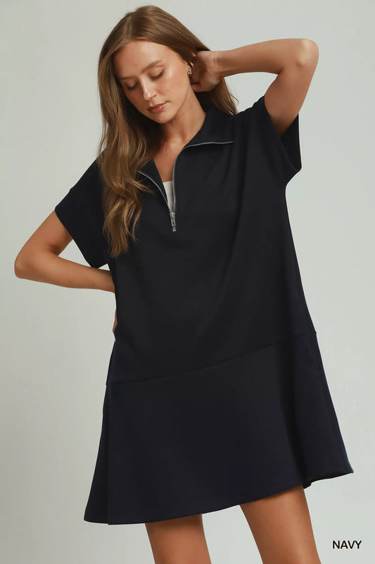 umgee collared quarter Umgee Collared Quarter Zip Dress with Size Pocket NAVY (dress) - shop at us.meeeshop