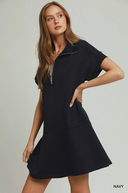 umgee collared quarter Umgee Collared Quarter Zip Dress with Size Pocket view 2 (dress) - shop at us.meeeshop