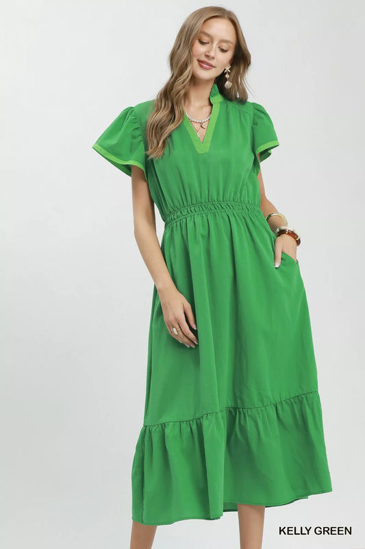 umgee contrast trim Umgee Contrast Trim Midi Dress with Tiered Ruffle Hem KELLY GREEN (dress) - shop at us.meeeshop