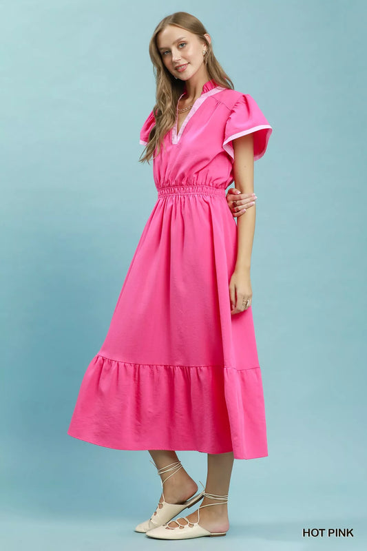 umgee contrast trim Umgee Contrast Trim Midi Dress with Tiered Ruffle Hem view 2 (dress) - shop at us.meeeshop