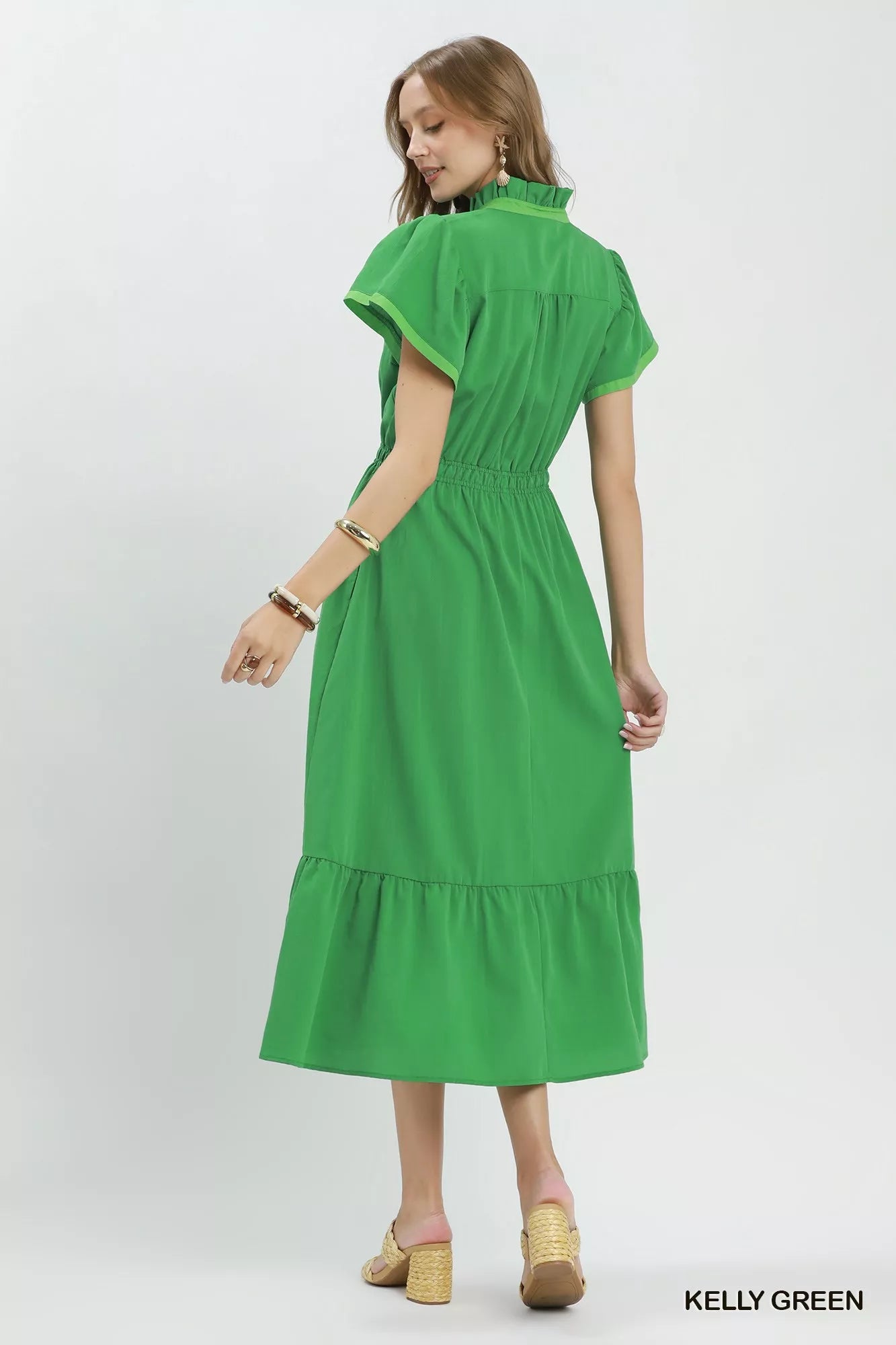 Umgee Contrast Trim Midi Dress with Tiered Ruffle Hem KELLY GREEN view 3 (dress) - hem dress, ruffle he - shop at us.meeeshop